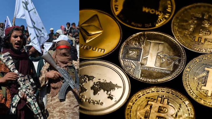 The image juxtaposes armed Taliban members on the left with physical cryptocurrency coins (including Ethereum, Litecoin, Ripple, and Bitcoin) on the right, visually representing the Taliban's crackdown on digital assets in Afghanistan as described in the accompanying text.