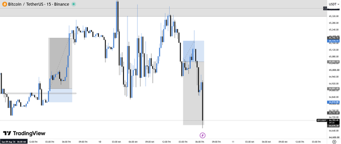 A Bitcoin/TetherUS chart on Binance shows a significant downward price movement with shaded rectangular zones marking specific price areas on the 15-minute timeframe.