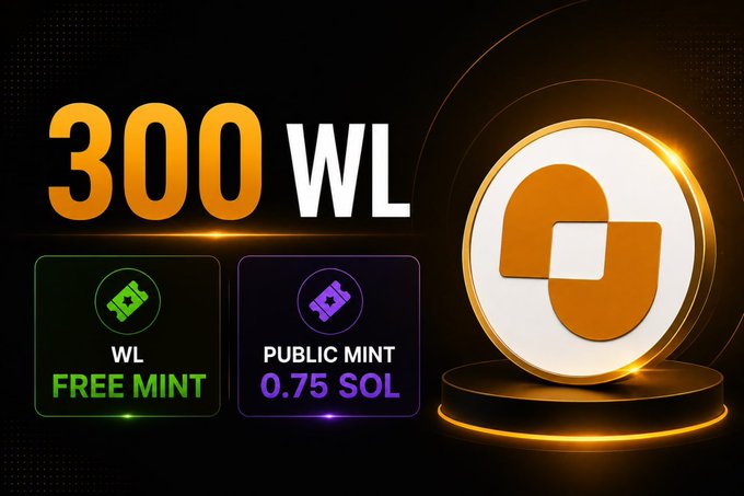 A promotional graphic advertising '300 WL' tokens with a 'WL FREE MINT' option and 'PUBLIC MINT 0.75 SOL', featuring a glowing orange 'G' logo on a pedestal.