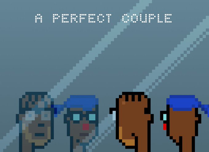 A pixel art graphic displaying four stylized characters (two with blue hats) beneath the text 'A PERFECT COUPLE' on a blue-gray background.