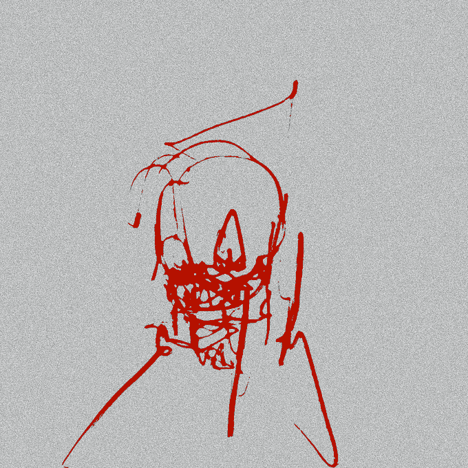 A rough red-line sketch of a menacing, sharp-toothed figure on a gray background.