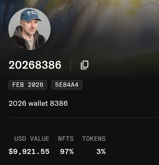 The image displays a digital wallet named "2026 wallet 8386" with a current value of $9,921.55, 97% of which is in NFTs. This relates to the post by showing the impressive NFT value achieved for a wallet created with minimal initial investment.