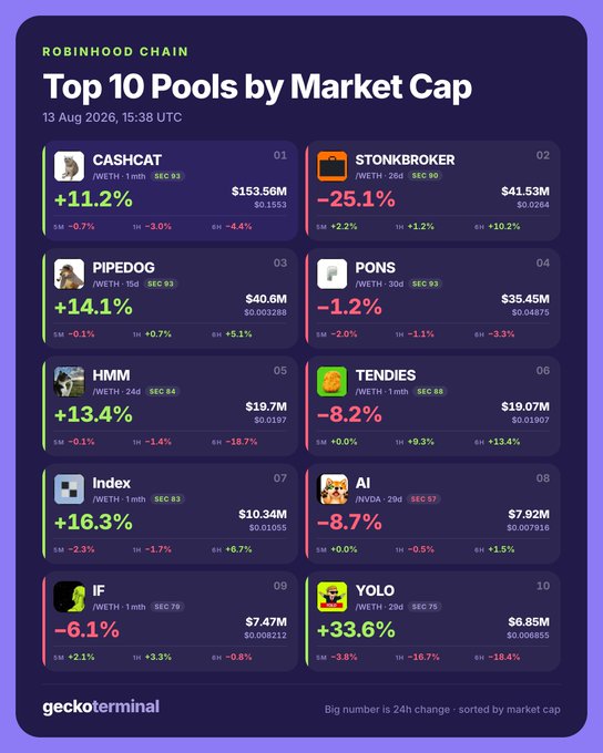 The image is a GeckoTerminal infographic titled "Top 10 Pools by Market Cap" on Robinhood Chain (dated 13 Aug 2026, 15:38 UTC), listing meme coins including $CASHCAT ($153.56M, +11.2%), $STONKBROKER ($41.53M, -25.1%), $PIPEDOG ($40.6M, +14.1%), $PONS, $HMM, $TENDIES, $INDEX, $AI, $IF, and $YOLO (+33.6%), each showing their price change, market cap, and 24h movement — directly supporting the post's mention of the top three leading pools.
