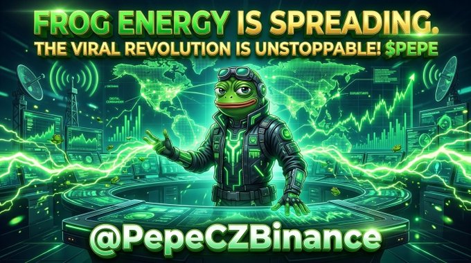 A promotional meme image featuring a Pepe the Frog character dressed as a cyborg/technician with the text 'FROG ENERGY IS SPREADING. THE VIRAL REVOLUTION IS UNSTOPPABLE! $PEPE' and '@PepeCZBinance'.