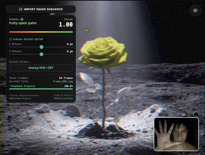 A glitchy digital interface displaying a yellow rose with the text "Fully open palm" and "1.00," featuring analog VHS/CRT filter settings, playback progress at 100%, and a small webcam feed of a person with their hand raised in the bottom right corner.