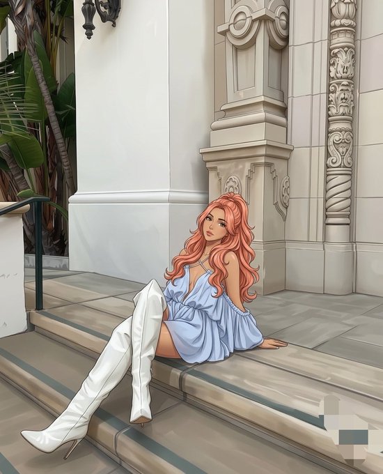 An anime-style illustration of a woman with long pink hair, a light blue off-shoulder top, and white thigh-high boots sitting on stone steps beside an ornate column.