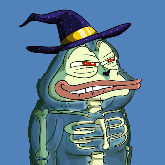 A cartoon frog dressed as a wizard in a starry purple hat and hooded robe with a visible ribcage smirks mischievously against a blue background, fitting the post's playful suggestion about minting a quirky NFT character.
