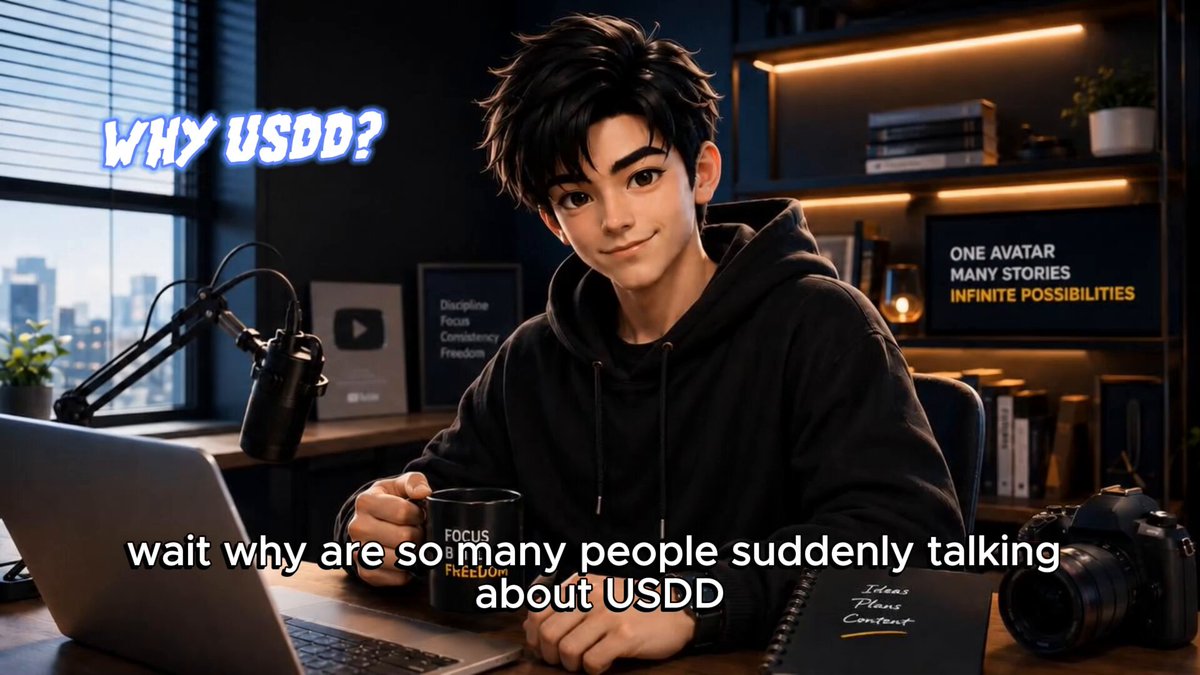 The image features a man sitting at a desk with a laptop computer, holding a coffee cup. The background of the image shows a window overlooking a city skyline. The caption below the image reads "Why USD? Wait why are so many people suddenly talking about USDC". This suggests that there is an increasing interest in USDC and its potential uses or benefits for users.