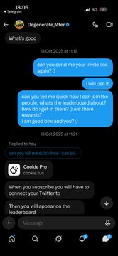 A screenshot of a chat conversation with 'Degenerate_Mfer' asking to send an invite link and about the leaderboard rewards system, with automated replies from 'Cookie Pro' explaining Twitter subscription requirements.