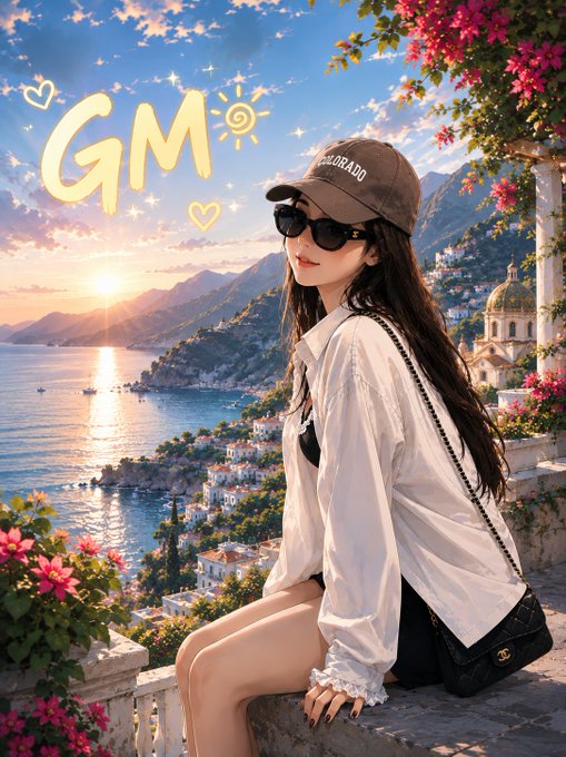 A 'GM' (Good Morning) meme featuring an AI-generated image of a stylish woman in a cap and sunglasses sitting on a balcony overlooking a Mediterranean coastal town at sunset.