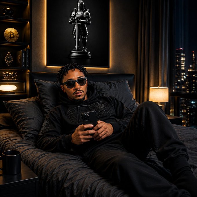 A stylish man in sunglasses and black attire lounging on a bed while holding a smartphone, in a dimly lit room featuring a knight statue artwork, Bitcoin memorabilia, and a nighttime city view.