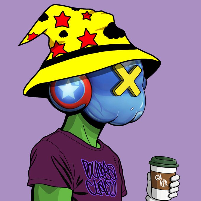 Digital illustration of a blue alien character wearing a yellow wizard hat decorated with red stars and black clouds, featuring a Captain America shield over one eye and a yellow "X" over the other, wearing a purple "BLIND CLUST" t-shirt while holding a coffee cup labeled "GM KIK".