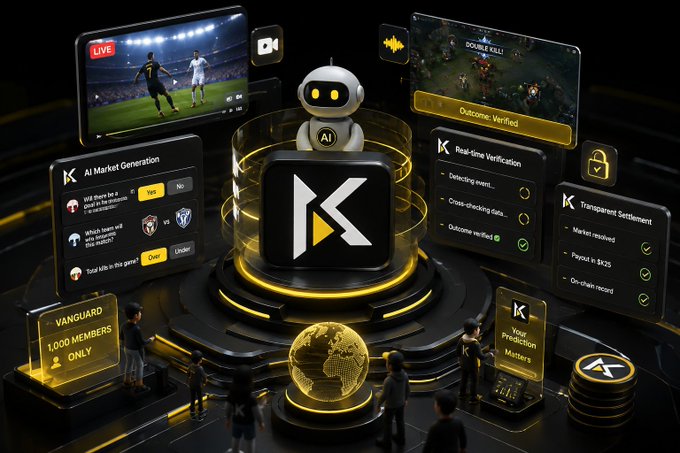 A 3D rendered promotional graphic featuring a central AI robot with the 'K' logo, surrounded by panels showing AI Market Generation, Real-time Verification, Transparent Settlement, live sports, and gaming content for an AI-powered betting platform.