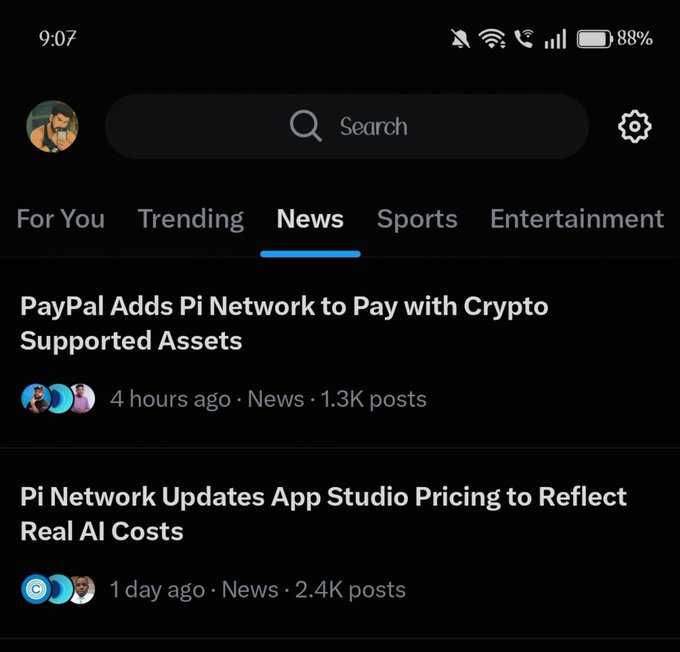 A smartphone screenshot of a social media news feed displaying headlines 'PayPal Adds Pi Network to Pay with Crypto Supported Assets' and 'Pi Network Updates App Studio Pricing to Reflect Real AI Costs'.