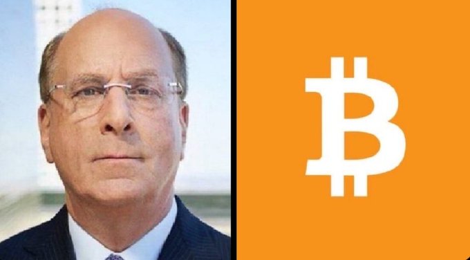 The image shows BlackRock CEO Larry Fink on the left side next to a large orange Bitcoin logo on the right. The split-screen visual pairs the executive with the Bitcoin symbol, illustrating his striking prediction that Bitcoin could reach $700,000 and highlighting the growing institutional confidence behind that forecast.