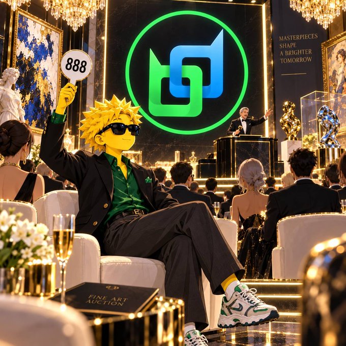 An anime-style spiky-haired blonde character in a suit and green shirt holds up a paddle reading '888' at a 'FINE ART AUCTION,' with a green and blue logo displayed behind him.