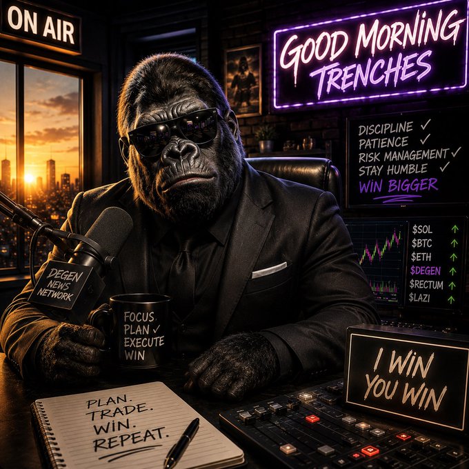 A digital illustration of a gorilla in a suit and sunglasses hosting a podcast called 'Good Morning Trenches', with an 'ON AIR' sign, a list including 'DISCIPLINE', 'PATIENCE', 'RISK MANAGEMENT', and a ticker board showing assets like $SOL, $BTC, $ETH, $DEGEN, $RECTUM, and $LAZI.