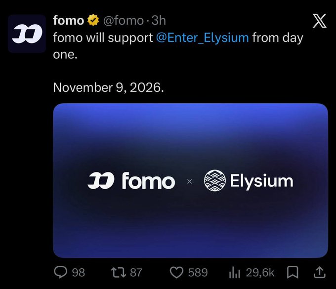 The image shows a post from verified account “fomo” (@fomo) announcing: “fomo will support @Enter_Elysium from day one. November 9, 2026,” alongside FOMO × Elysium branding. It visualizes the collaboration involving FOMO, which the accompanying post links to Pumpfun’s planned arrival on Elysium and calls “the trenches coming to Hyperliquid.”