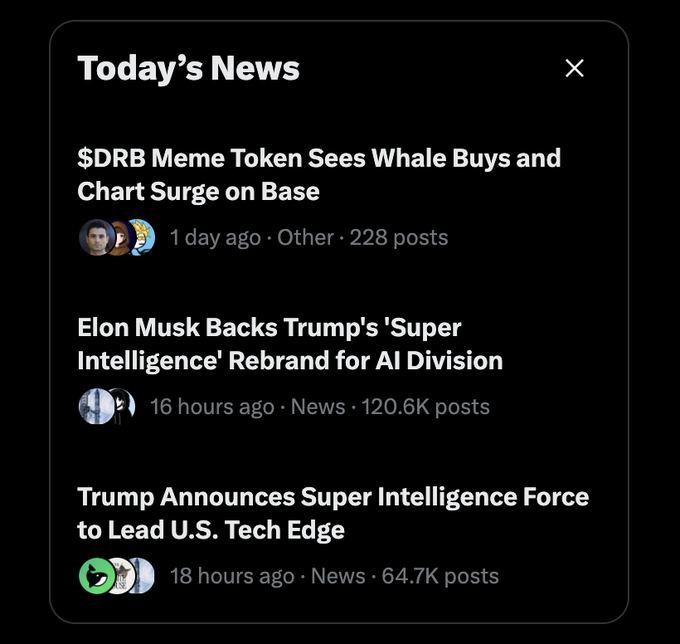 A dark-themed 'Today's News' panel displays headlines including '$DRB Meme Token Sees Whale Buys and Chart Surge on Base', 'Elon Musk Backs Trump's Super Intelligence Rebrand for AI Division', and 'Trump Announces Super Intelligence Force to Lead U.S. Tech Edge', each with source names like '17Karma', 'WatcherGuru', and 'Lookonchain'.
