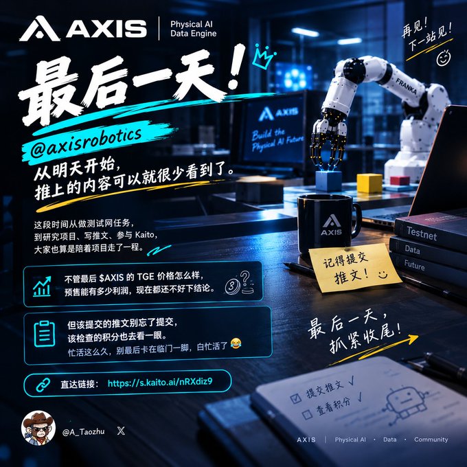 A promotional graphic for 'AXIS Physical AI Data Engine' with Chinese text '最后一天!' (Last Day!) and '@axisrobotics', featuring a robotic arm, a mug, and books labeled 'Testnet', 'Data', and 'Future'.