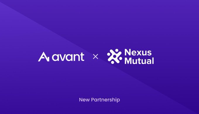 A purple announcement graphic for a new partnership between Avant and Nexus Mutual, featuring both logos side by side.