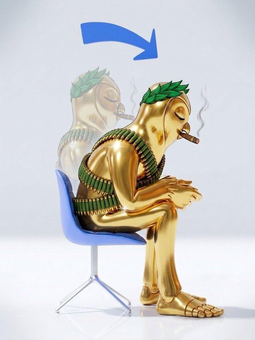 A 3D digital art sculpture of a golden humanoid figure wearing a green laurel wreath and bandoliers, smoking a cigar while seated on a modern chair, with a faded ghost-like duplicate behind it and a blue curved arrow above.
