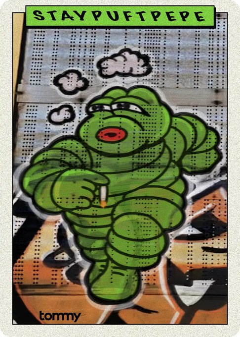 A graffiti-style illustration of a chubby green character resembling a mashup of the Stay Puft Marshmallow Man and Pepe the Frog, labeled 'STAYPUFTPEPE' and 'tommy'.