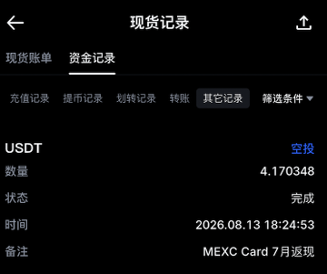 A screenshot of a crypto transaction record showing a completed USDT airdrop of 4.170348, labeled 'MEXC Card 7月返现' dated 2026.08.13 18:24:53.