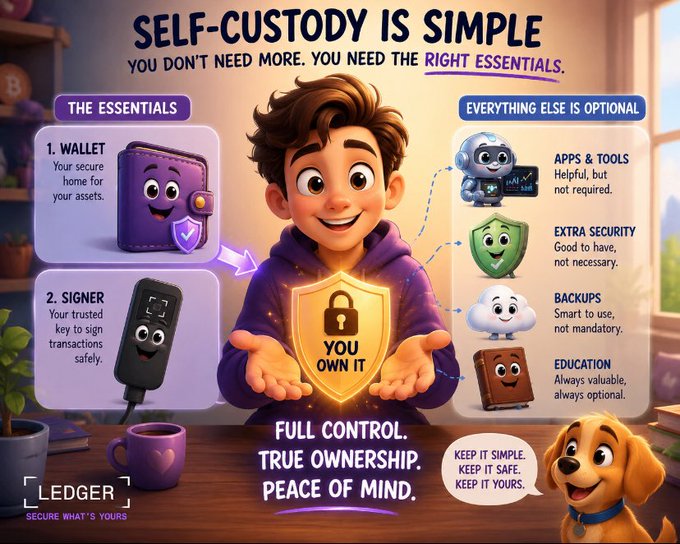 A cartoon-style infographic by Ledger titled 'SELF-CUSTODY IS SIMPLE' explaining that only a wallet and signer are essentials, with apps, security, backups, and education being optional, featuring a boy holding a shield reading 'YOU OWN IT'.