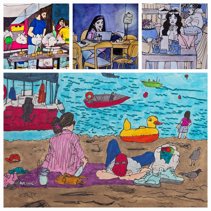 A four-panel watercolor illustration depicting everyday scenes: people shopping at a market, a girl studying at a cafe, a woman receiving flowers, and a beach scene with people relaxing and boats in the water.