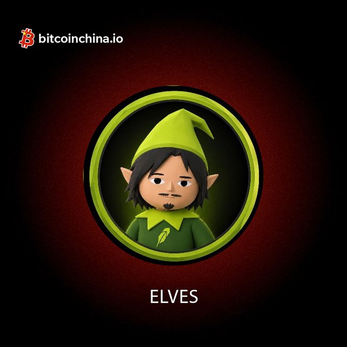 A promotional image for bitcoinchina.io showing a 3D-rendered elf character with pointed ears wearing a green hat and outfit, labeled 'ELVES'.