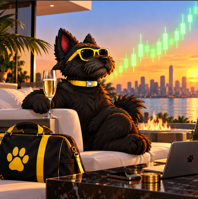 An AI-generated image shows a black dog wearing yellow sunglasses, holding a champagne glass, sitting on a white couch with a paw-print duffel bag, set against a city skyline at sunset with green candlestick charts in the sky.