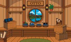 A cozy wooden cabin-style shop interior with a sign reading "OTTO" above a round window, displaying various items on shelves and counters including potted plants, jars, a plush toy, and a watering can on the wooden floor.