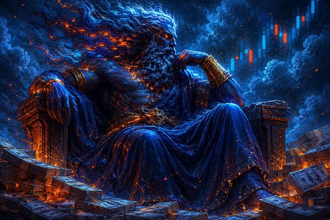 The image features a blue-haired mannequin sitting atop stacks of money, with a chaotic market scene surrounding him. The mannequin appears to be a deity or a divine figure, possibly a deity associated with the Roman calendar year "May". The backdrop of the image includes stock markets in various colors and a cloudy sky. This piece of art may have been created as a form of digital art or illustration for an advertisement, promotional material, or other purposes related to the economy or finance industry.