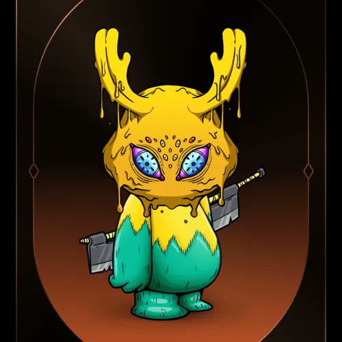 A yellow and teal creature with melting features, wide blue eyes, and small hammer-like appendages stands against a dark brown background, appearing surreal and otherworldly—matching the post's puzzled "wtf is this thing" reaction to the newly purchased Koda NFT #1347.