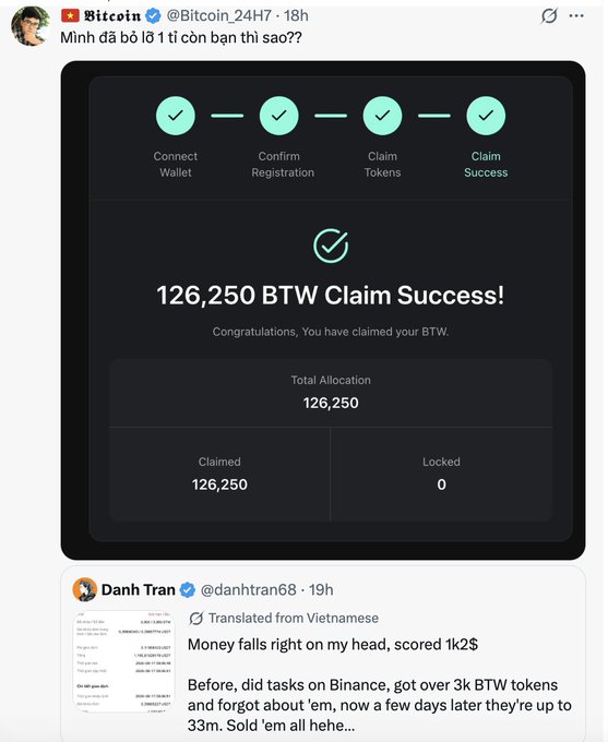 A Twitter/X post by @Bitcoin_24H7 shows a '126,250 BTW Claim Success!' interface, with a quoted reply by @danhtran68 stating 'Money falls right on my head, scored 1k2$' after selling BTW tokens purchased from Binance tasks.