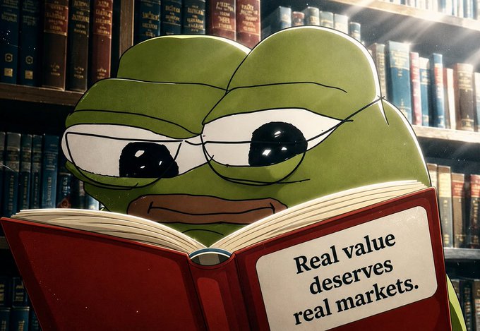 An illustration of Pepe the Frog wearing glasses and reading a red book in a library, with the visible page text reading 'Real value deserves real markets.'
