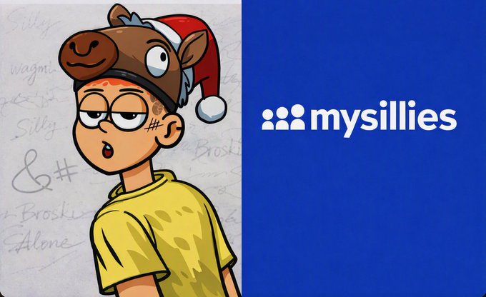 A cartoon character wearing a yellow shirt and a horse-like hat with a Santa hat on top, next to a blue panel with the 'mysillies' logo.