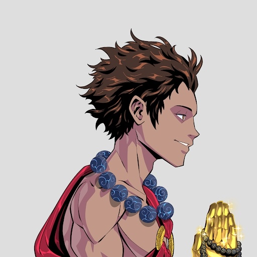 An anime-style illustration of a smiling man with brown spiky hair in profile view, wearing a red cape and a necklace with blue cloud-patterned beads, holding a golden glowing object.