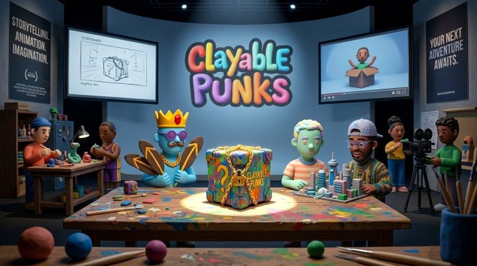 A promotional illustration for 'Clayable Punks' showing characters in a creative studio with clay and crafting materials, centered around a colorful box labeled 'CLAYABLE x ALIENS'.