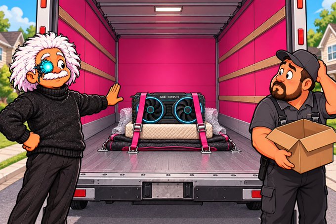 A cartoon illustration showing two characters—a white-haired figure and a mover with a box—standing at the back of a pink moving truck containing what appears to be a mining computer.