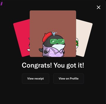 A digital pop-up displays a penguin avatar character with the text 'Congrats! You got it!' and buttons to 'View receipt' or 'View on Profile'.