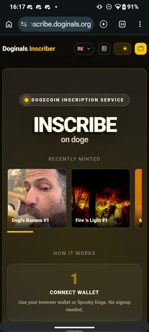 The image shows a phone screen with an inscribe app displayed, which is used for inscribing text or images onto the blockchain. The app has two options: "Inscribe" and "Fire's Light". The screen also contains a message about connecting a wallet and using the app to inscribe your momentos on the Blockchain.