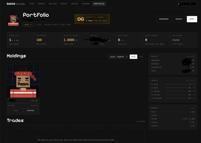 A screenshot of a portfolio page on the BADDR studio website showing a pixel art character named "Portfolia" at level 4, with stats including 100 JOB POINTS, 1.0000 FLOOR price, and various market details.