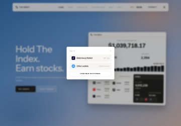 A blurred Robinhood promotional page displays "Hold The Index. Earn stocks" alongside a $61,030,718.17 figure, with a centered login popup prompting users to "Select from Wallet" with options for Robinhood Wallet and "Other wallets" before connecting. The image visually supports the rumor by showing that Robinhood's live app already includes a functional wallet connection feature rather than a placeholder "coming soon" message.