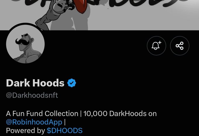 A Twitter profile header for 'Dark Hoods' (@Darkhoodsnft) advertising a fun fund collection of 10,000 DarkHoods on Robinhood, powered by $DHOODS.