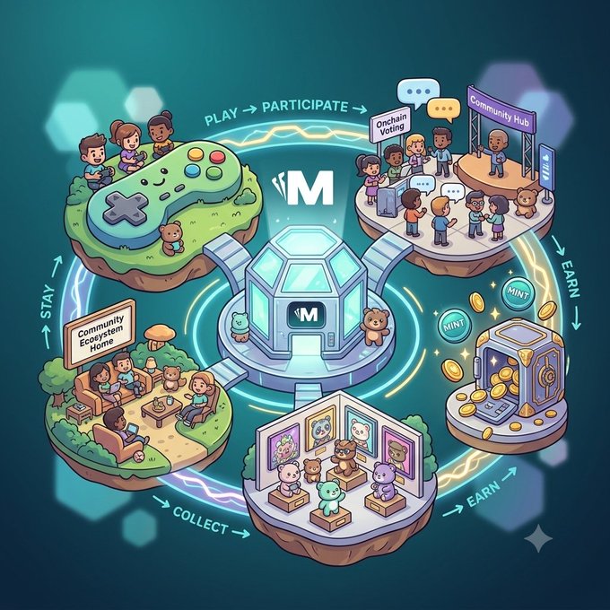 An isometric diagram illustrating a community ecosystem cycle with interconnected floating islands labeled 'PLAY → PARTICIPATE,' 'STAY,' 'COLLECT,' and 'EARN,' centered around an 'M' hub with activities including gaming and 'Onchain Voting'.