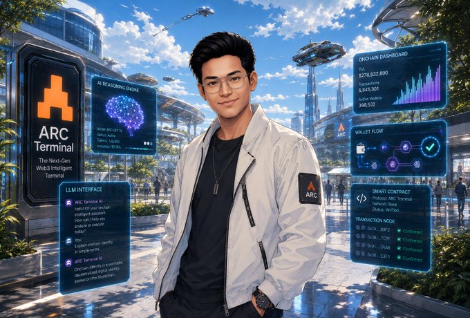 A futuristic illustration of a young man wearing glasses and an ARC Terminal jacket, surrounded by holographic displays showing LLM interface, on-chain dashboard data ($279,532,890 TVL), wallet flow, and smart contract verification in a sci-fi cityscape.