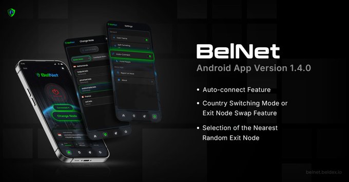 An advertisement for 'BelNet Android App Version 1.4.0' displaying the app on two phones, with features listed: Auto-connect Feature, Country Switching Mode or Exit Node Swap Feature, and Selection of the Nearest Random Exit Node.