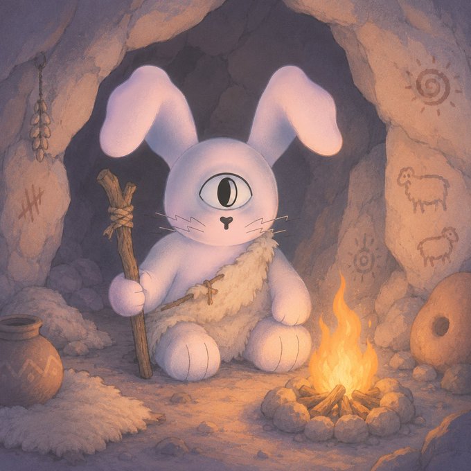 A whimsical digital painting of a one-eyed white rabbit creature wearing fur clothing and holding a wooden staff, sitting by a campfire inside a cave with primitive cave paintings on the walls.